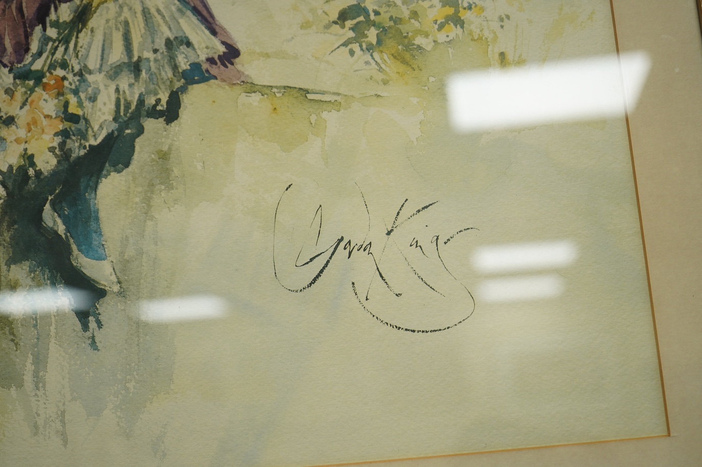Gordon King (b.1939), two watercolours, Studies of flower sellers, each signed together with a colour print after the same artist, largest 49 x 66cm. Condition - good